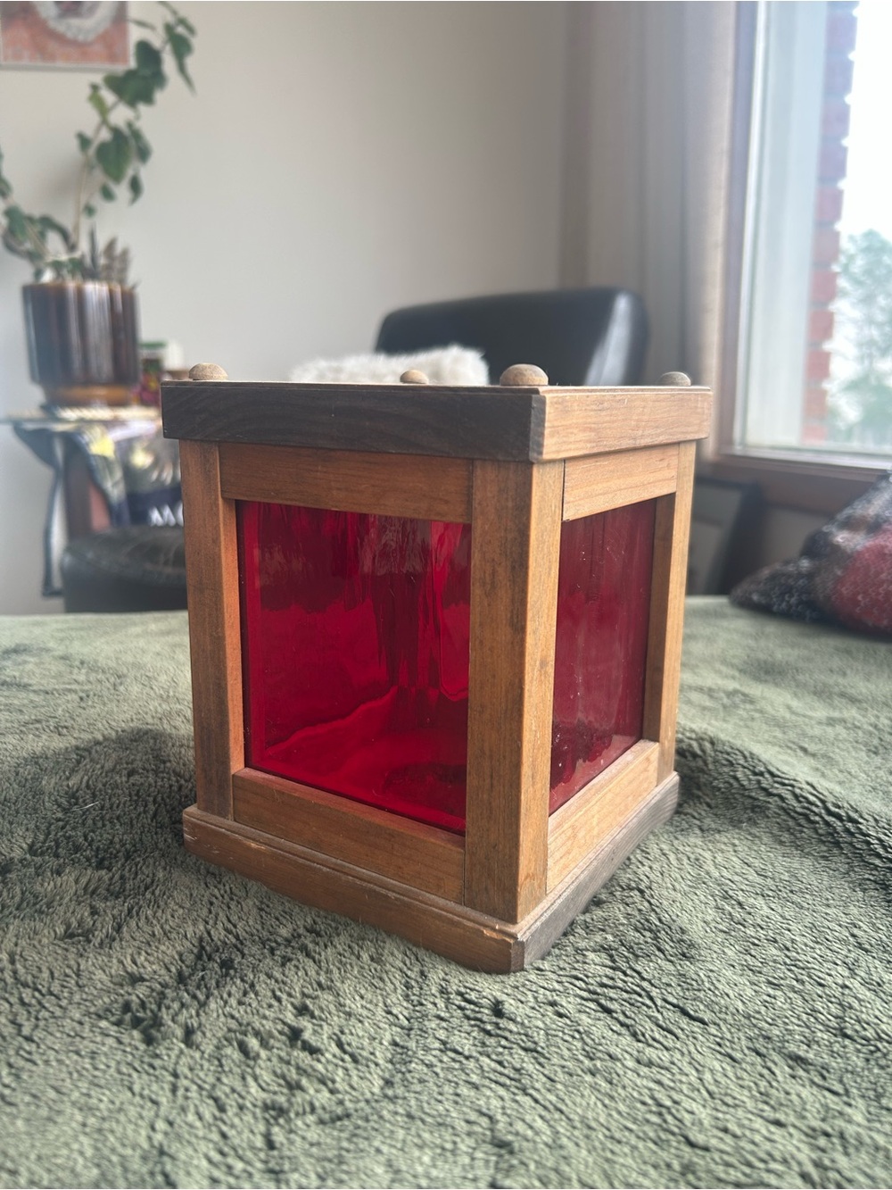 Canoe cove studio PEI Wood Frame Lantern with Red Glass Panels